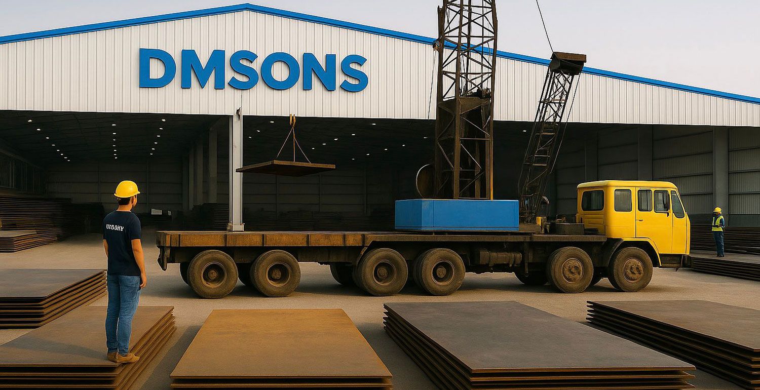 Truck loaded with steel plates outside the Dmsons warehouse