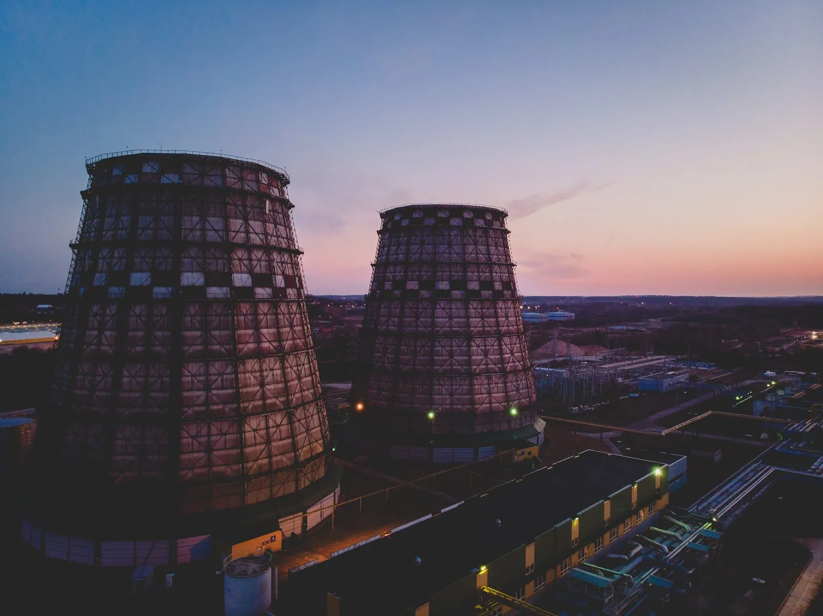 Power plant cooling towers at dusk